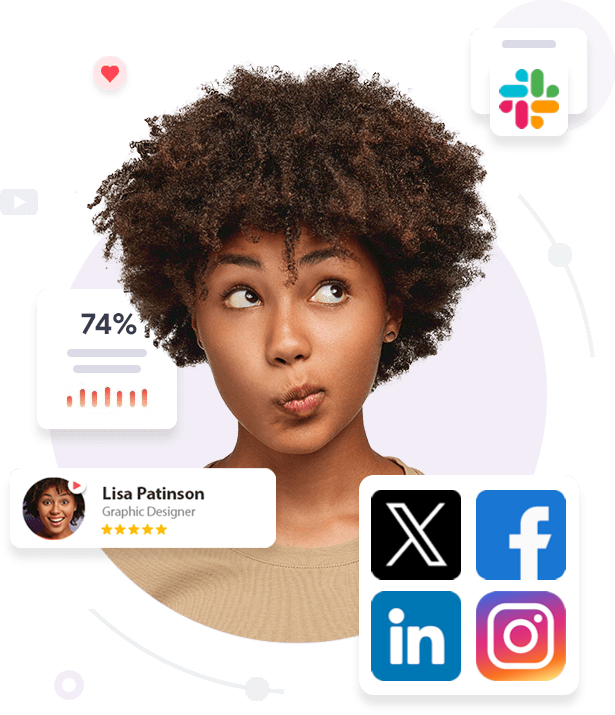 Woman with social media logos, graphs and likes